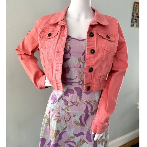 New Look Coral Pink Cropped Jean Jacket Utility Button Up size Small - Picture 1 of 8